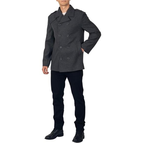 Mens Wool Pea Coat Double Breasted Peacoat Jacket - Picture 5 of 7